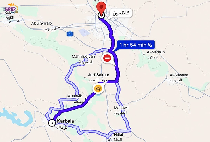 نقشه مسیر کربلا تا کاظمین